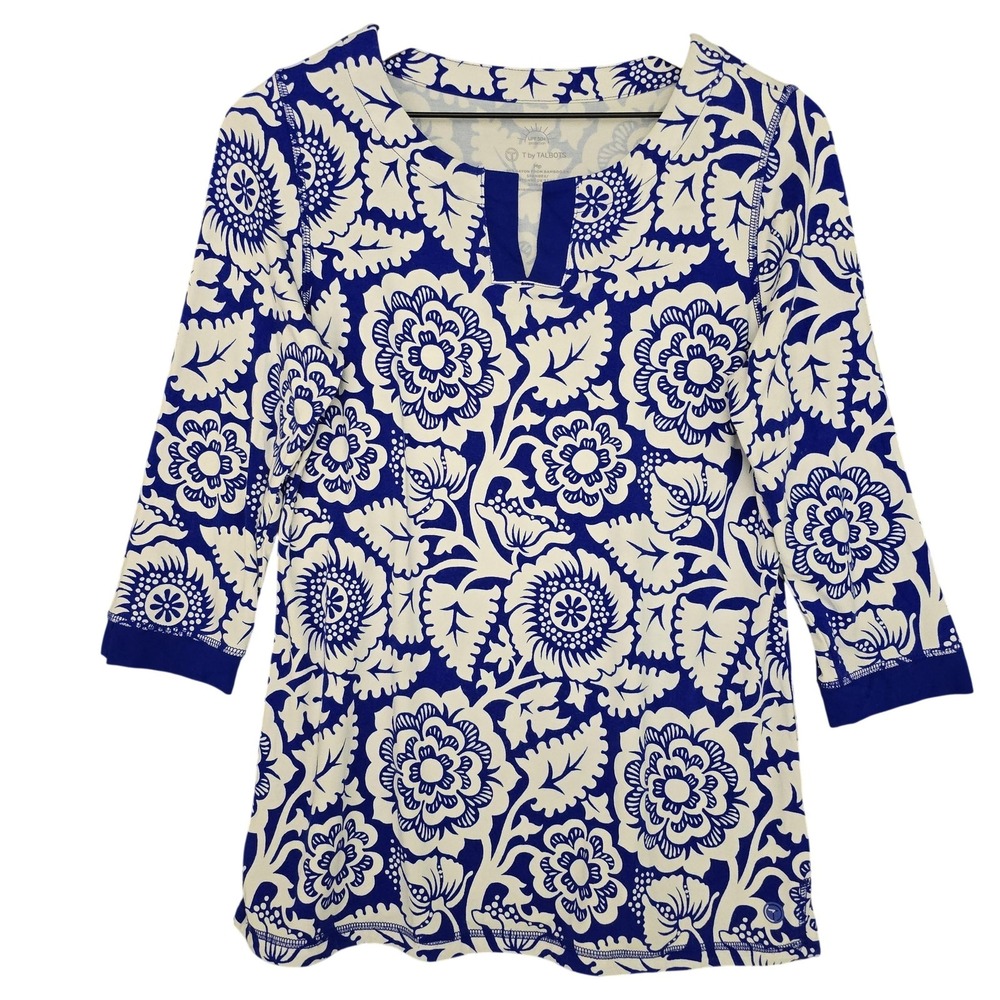 T By Talbots Shirt Womens MP Blue White Floral UPF 50 Tunic Top 3/4 Sleeve